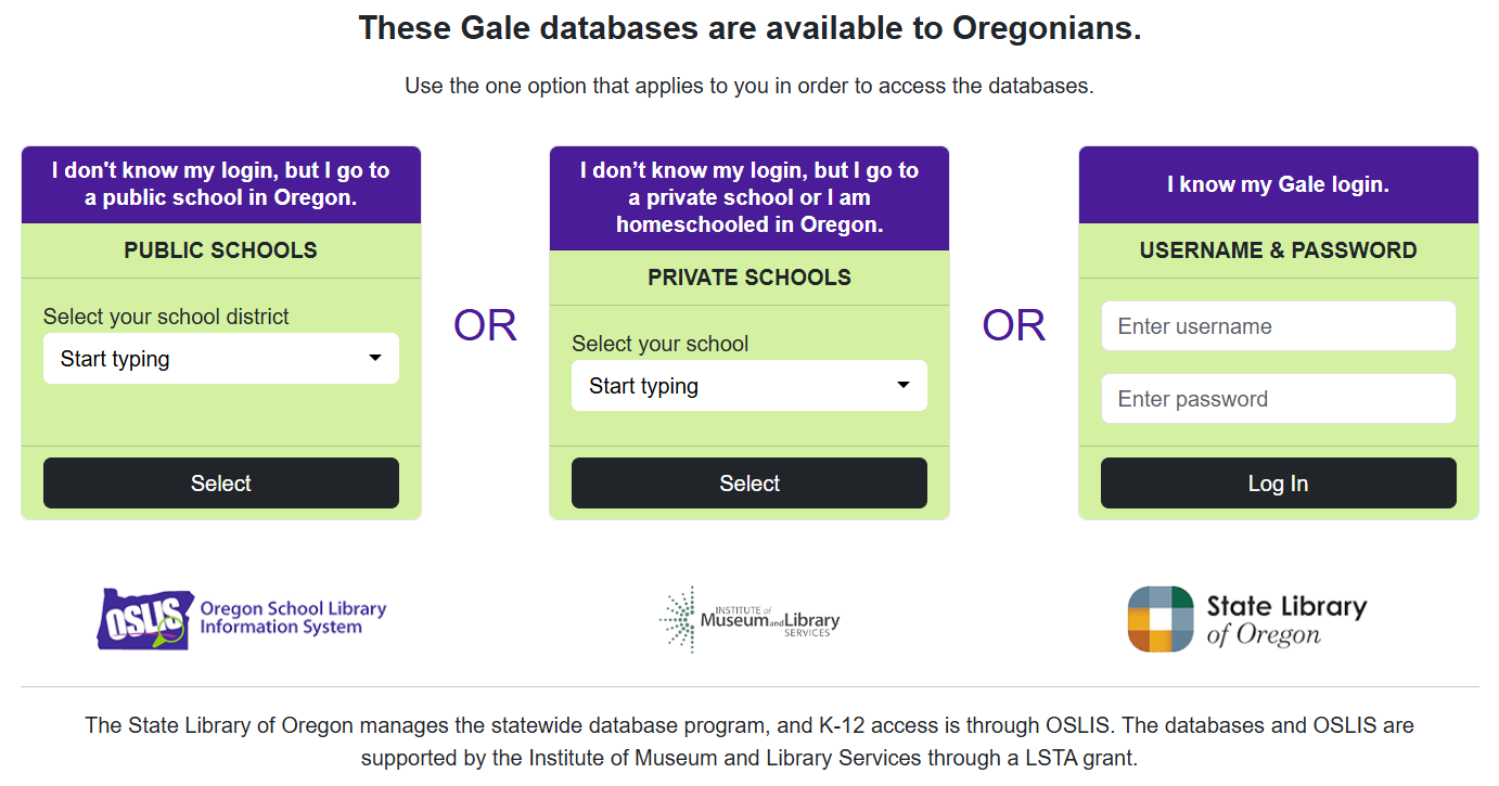 This screenshot shows the three authentication options to access the Gale databases, in this order: select your school district, select your private school, or enter your username and password. The colors are primarily bright green and dark blue.